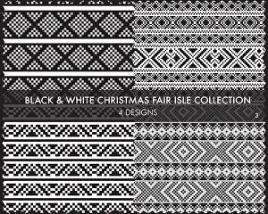 Embroidery Prints: Black and White Christmas fair isle pattern collection includes 4 design swatches fo