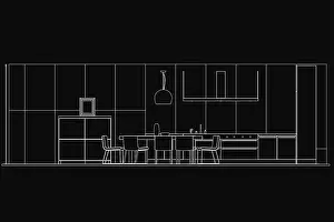 Black and white drawing of a sleek modern kitchen with a table