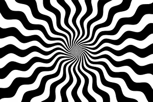 Sunburst Prints: Black and white hypnotic spiral wave rays background. Psychedelic sunburst retro design