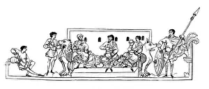 Julius Prints: Black and White Illustration; The Anglo-Saxon Calendar; April; Feasting; Source MS Cotton Julius A vi;