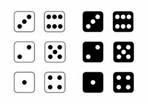 Throw Prints: Black and white illustration of dice showing the numbers from 1 to 6