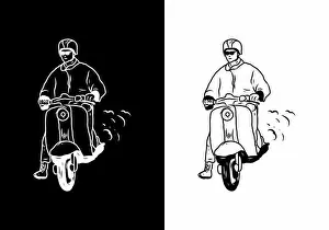 Flat Design Prints: Black and white illustration drawing of man with scooter design