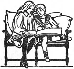 Values Prints: A black and white illustration of a mother and son reading a book on a chair