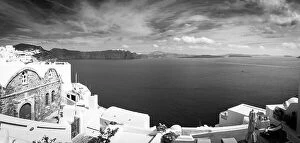 Images Dated 10th May 2019: Black and white image of white architecture in Santorini Oia, Greece. Monochrome travel landscape
