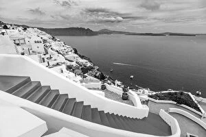 Images Dated 10th May 2019: Black and white image of white architecture in Santorini Oia, Greece. Monochrome travel landscape