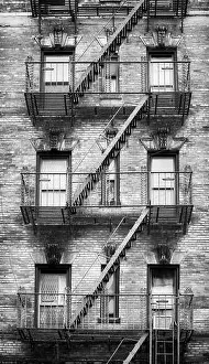 Black and white picture of fire escapes, one of the New York City symbols, USA
