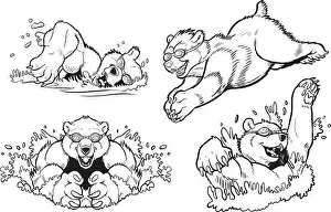 Crawl Prints: Black and White Vector cartoon clip art illustration set of bears swimming and diving with goggles