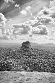 Ceylon Prints: Black and white view of Sigiriya rock fortress from Pidurangala Rock, Sri Lanka