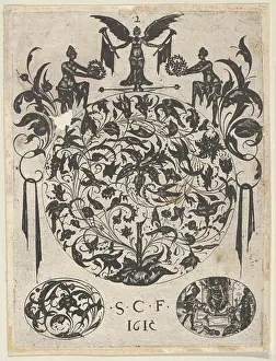 1615 Prints: Blackwork Print with a Roundel with Tendrils and Birds Above Two Ovals