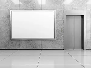 Lobby Prints: Blank horizontal billboard or poster in the elevator hall