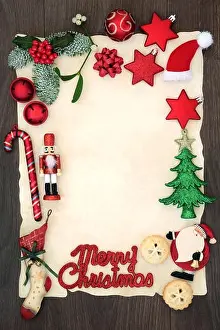 Santa Hat Prints: Blank letter to Santa Claus or party invitation with Merry Christmas sign on blank parchment paper with decorations