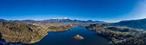 Blue Lake Prints: Bled lake aerial view panorama in winter season
