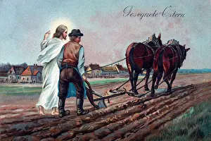 Blessed Prints: Blessed or Happy Easter, Jesus walking next to a farmer who is plowing a field