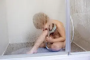 Punishment Prints: Blond child, sweet toddler boy in bathroom, taking shower, sitting on the floor, punished