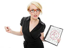 Educate Prints: Blonde teacher in glasses holding test, A+ grade, passed