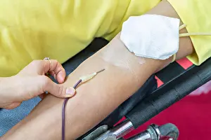 Sterile Prints: Blood Donor Making Donation In Hospital, focus at center
