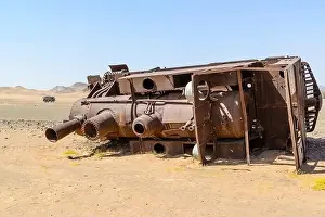 Blown up train on the historical Ottoman Hejaz railway in Hadyjah, Saudi Arabia