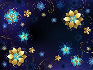 blue background with gold jewelry and blue flowers