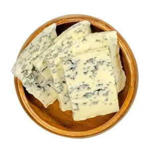 Mold Prints: Blue cheese slices in wooden bowl