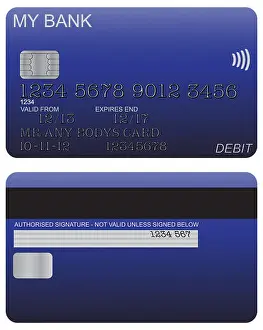 Magnetic Prints: Front and back of blue debit card design with detail isolated on a white background