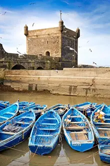 Blue fishing boats in the harbour of Essaouira, Morocco, Africa