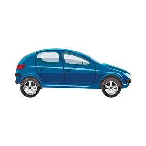 Universal Prints: Blue hatchback car icon, cartoon style