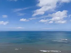 Travel Background Prints: Blue ocean surface under sky with white clouds aerial drone view