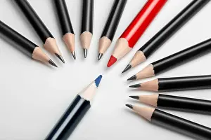 Stay Prints: one blue pencil against all black with red leader. Abstract gay discrimination