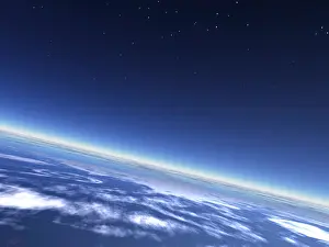 Layers Prints: blue planet earth atmosphere and night sky - Erdatmosphäre mit Nachthimmel aus dem All gesehen