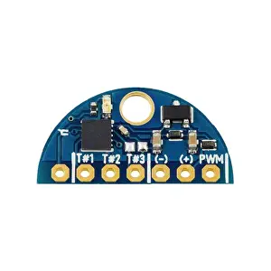 Trace Prints: Blue semicircular led pulse width modulation dimmer PCB board surface mount components in a close-up top view