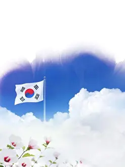 Independence Day Prints: Blue sky and clouds Republic of Korea Taegeukgi and Mugunghwa flower and Samiljeol and Liberation Day