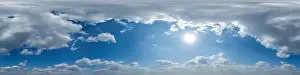 360 Degree Prints: blue skybox with cumulus cloud as seamless hdri 360 panorama with zenith in spherical equirectangular projection may