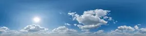 360 Degree Prints: blue skybox with cumulus cloud as seamless hdri 360 panorama with zenith in spherical equirectangular projection may