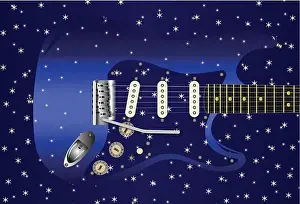 Fender Prints: A blue star studded background with a series of small stars over a blue guitar