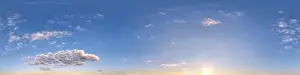 Virtual Reality Prints: blue sunset sky with clouds as seamless hdri 360 panorama view with zenith in spherical equirectangular format for use