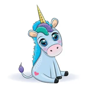 Butterflies Prints: Blue unicorn pony sitting. Cute baby card, baby with big eyes