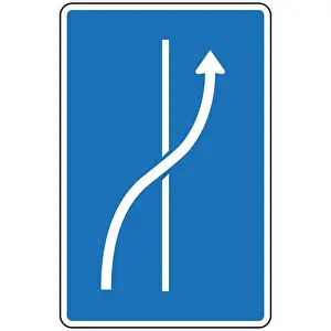 Expressway Prints: Blue and white road sign indicating an added lane merging with the current lane and continuing straight ahead