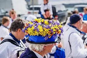 Enjoy Prints: Bluebell and cowslip garlanded hat worn be a performer at the Obby Oss festival