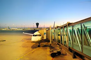Mornings Prints: Boarding in the early morning at sunrise, Munich Airport, Bavaria, Germany
