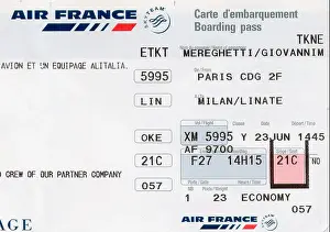 Airlines Prints: Boarding Pass. Fly From Paris to Milan. Air France