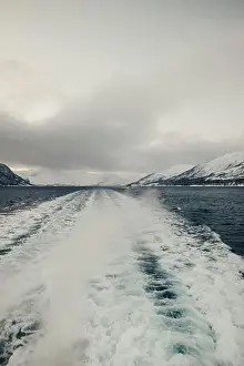 Brim Prints: Boat trail on arctic fjord in the Lyngen Alps in winter in northern Norway