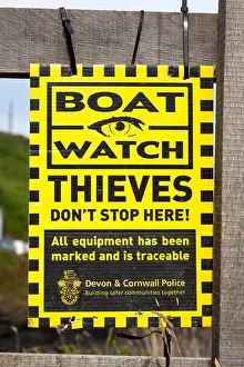 Fishing Village Prints: A Boat Watch warning sign in Cornwall, England, U.K