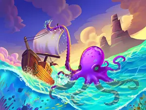 Wrap Prints: The Boat Wrapped in the Octopus Tentacles on the Sea with Fantastic