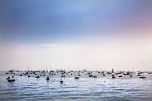 Motorboat Prints: Boats in Mumbai Harbor at blue sky, Maharashtra, India