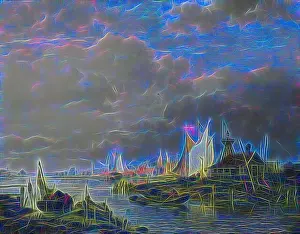 Fishing Boats Prints: Boats on a River with a Beacon of Light