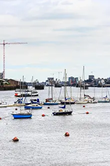 Sailing Boats Prints: Boats on the he River Thames, looking downriver towards the Thames Barrier