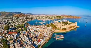 Water View Prints: The Bodrum Castle of St. Peter and marina aerial panoramic view in Bodrum city
