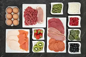 Broccoli Prints: Body building food with meat, fish, dairy, fruit and vegetables in china dishes