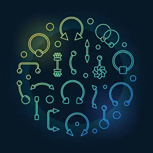 Barbell Prints: Body piercing colored circular vector illustration made of body jewelry outline icons on dark background