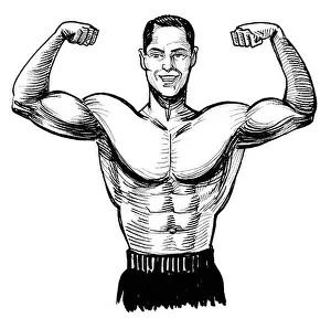 Bodybuilding Prints: Bodybuilder flexing biceps. Ink black and white drawing
